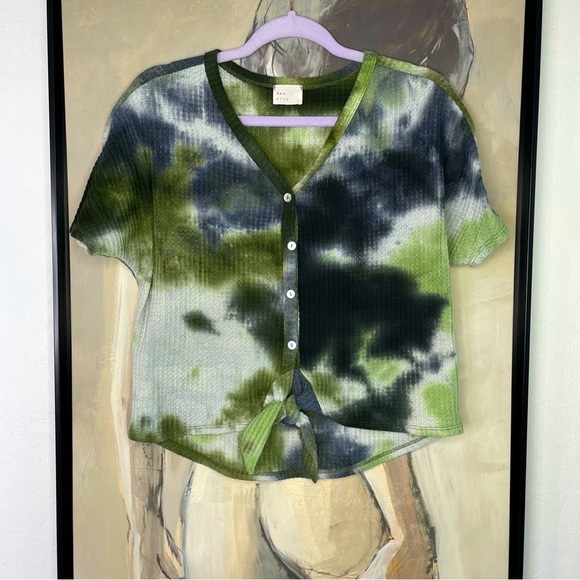 Dee Elly Tops - DEE Elly Green & Blue Tie Dye Cropped Tie Shirt